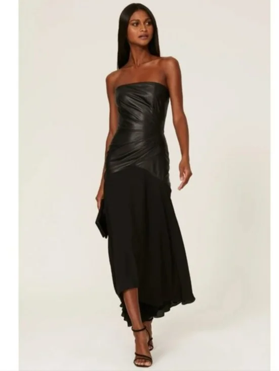 Shoshana Strapless Black Faux-Leather Bodice Asymmetric Midi Dress Sz 10 - Picture 1 of 12